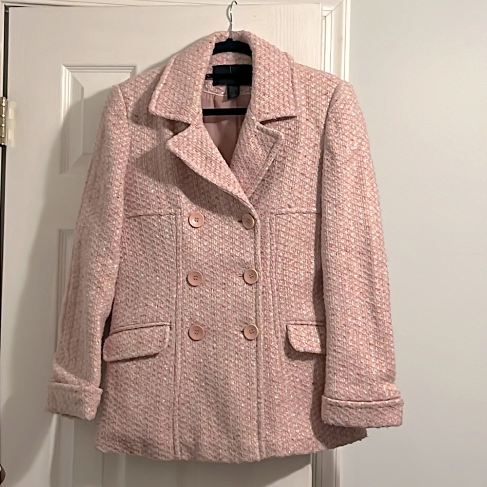 Women’s double breasted pink tweed pea coat in size medium